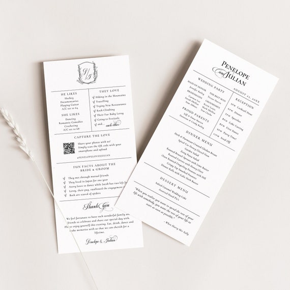 Fun Fact Wedding Card Template, Fun Fact and Menu Napkin Note, QR code Wedding Photo Share Card, Printable Thank You Monogram - EJ34