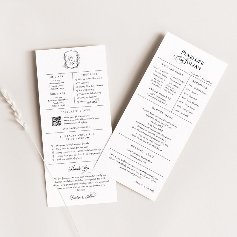 May include: A black and white wedding menu card with the names Penelope and Julian at the top. The menu includes details about the wedding party, reception, dinner menu, and dessert menu. The card also includes a QR code for guests to share photos from the wedding.