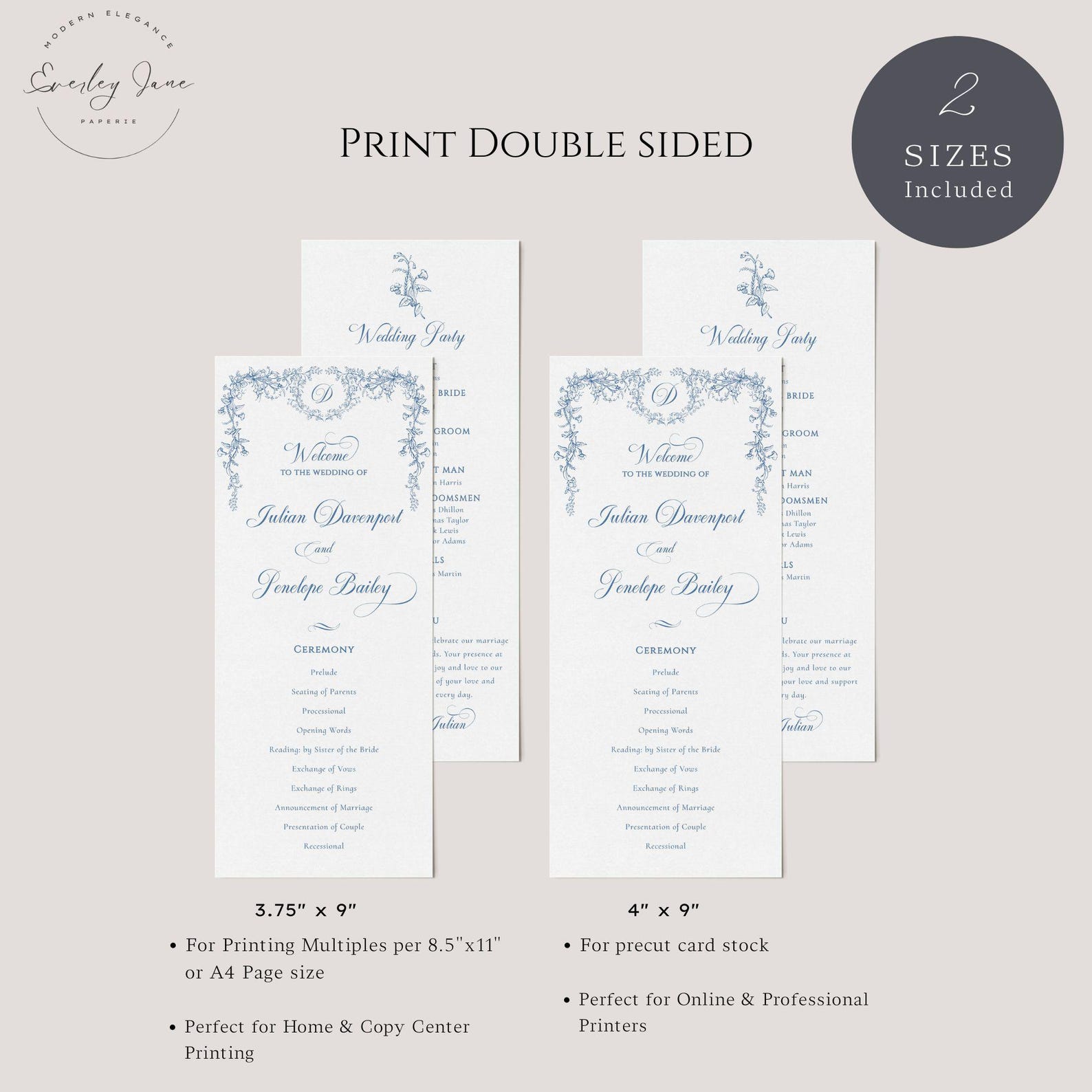 Dusty Blue Wedding Program, Chinoiserie Monogram Wedding Program