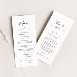 Wedding Menu and Thank You Note, Mountain Thank You Napkin Note, Editable Dinner Menu, Minimalist Line Art Mountain Thank You - EJ13