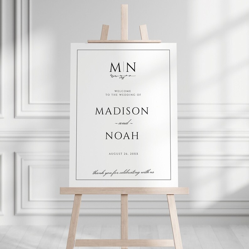 Wedding Welcome Sign Template, Monogram Wedding Welcome Sign, Classic Wedding Welcome Poster, Printable Sign, Editable Large Sign EJ08 image 1