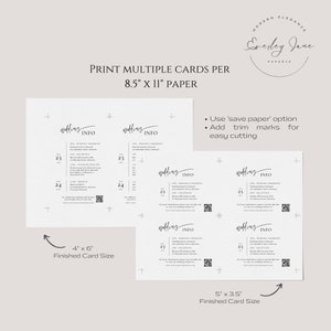 May include: Printable wedding information cards template for 8.5 x 11 inch paper. The template includes two different card sizes: 4 x 6 inches and 5 x 3.5 inches. The template includes text for wedding ceremony, reception, and additional information. The text includes the words "wedding info".