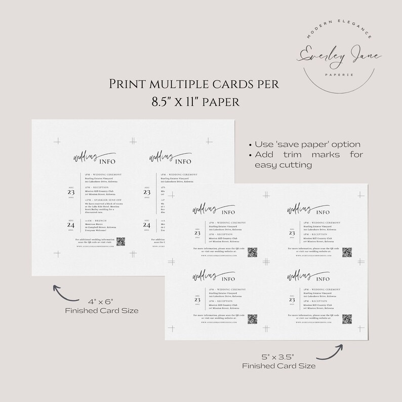 May include: Printable wedding information cards template for 8.5 x 11 inch paper. The template includes two different card sizes: 4 x 6 inches and 5 x 3.5 inches. The template includes text for wedding ceremony, reception, and additional information. The text includes the words "wedding info".