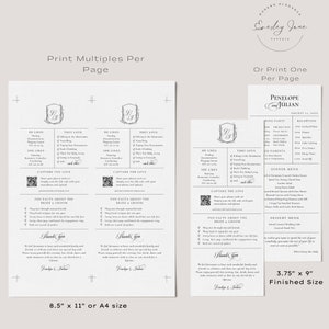 May include: A printable wedding reception card template with a black and white design. The card features a monogram with the couple's names, Penelope and Julian, and the date of the wedding. The card also includes a list of the wedding party, a dinner menu, and a dessert menu. The card is 3.75 inches by 9 inches.
