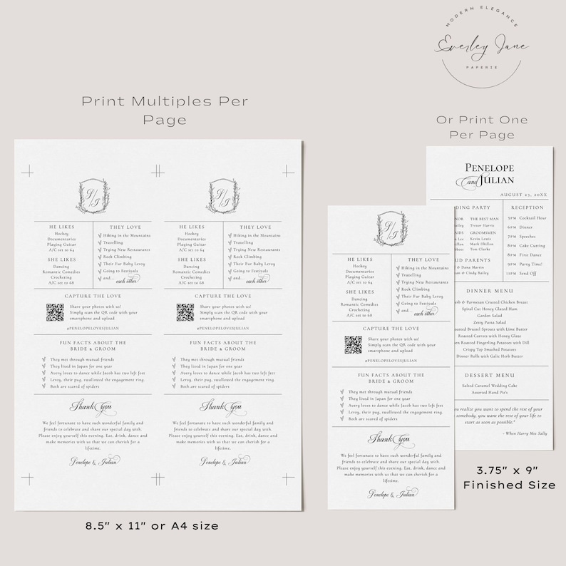 May include: A printable wedding reception card template with a black and white design. The card features a monogram with the couple's names, Penelope and Julian, and the date of the wedding. The card also includes a list of the wedding party, a dinner menu, and a dessert menu. The card is 3.75 inches by 9 inches.