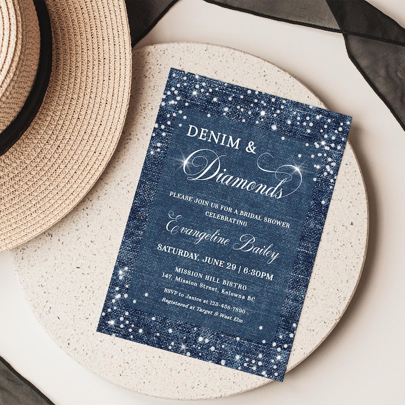 Denim and diamonds party invitation with a denim inspired background and diamond accents