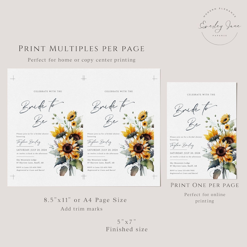 May include: Bridal shower invitations with a sunflower bouquet design. The invitations feature the text "Bride to Be" in elegant script, along with event details. The image shows different print sizes, including 8.5"x11" and 5"x7".