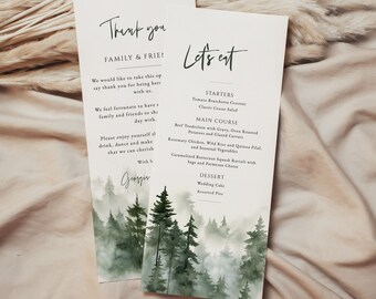 Rustic Wedding Menu and Thank You Card, Menu and Thank You Napkin Note, Printable Menu, Editable Template, Forest Wedding - EJ19