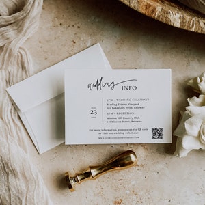 Cartão de detalhes de casamento moderno com código QR, modelo de cartão de detalhes, cartão de convite de casamento, cartão de informações de casamento editável e imprimível - EJ21