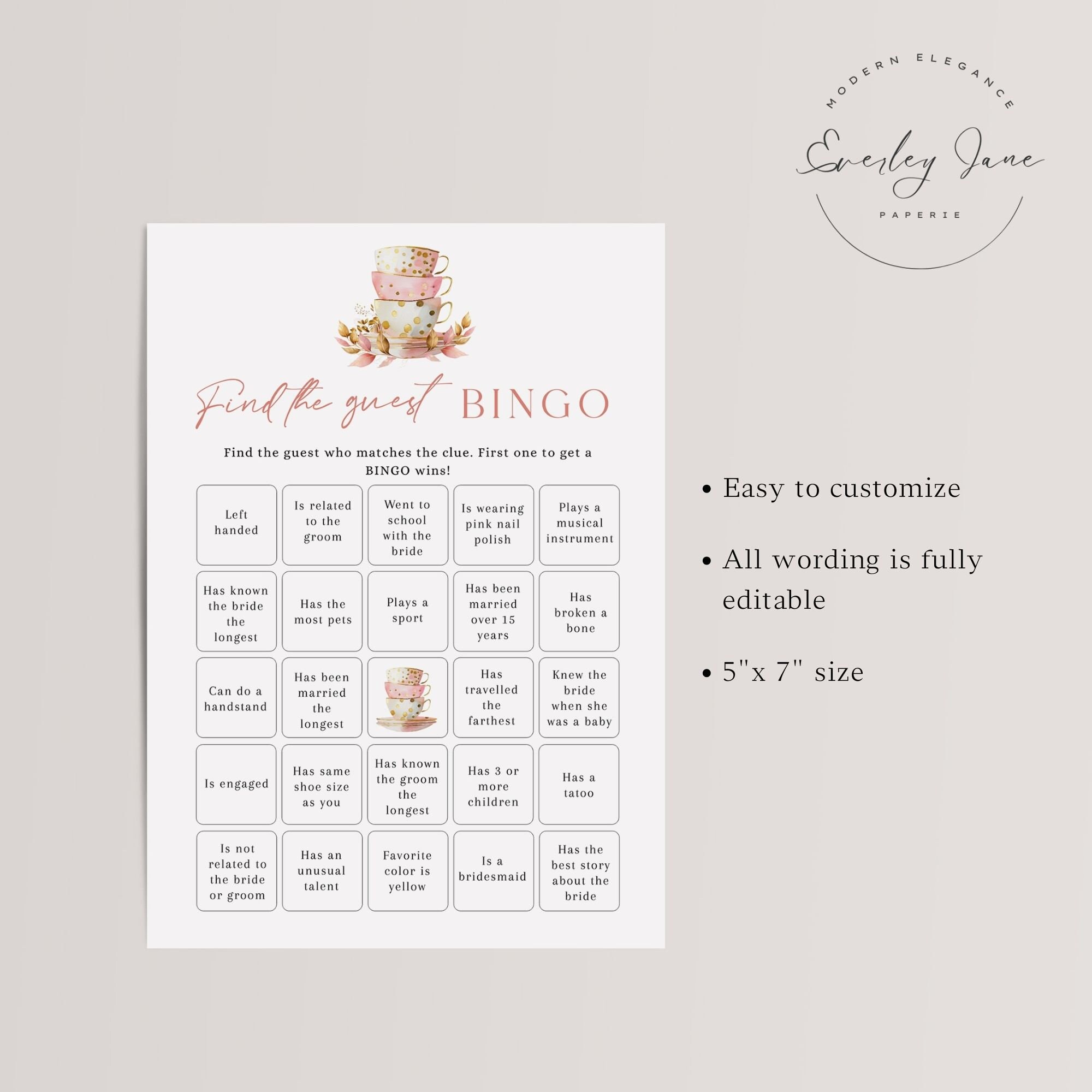 Find the Guest Bingo Game, Tea Party Bridal Shower Game, Blush Pink ...