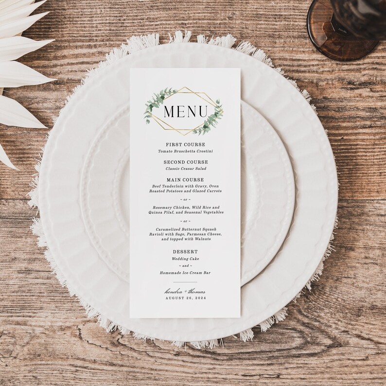 Menu First Course Layout Wedding Menu Template Printable Dinner Menu Eucalyptus Editable Menu ...