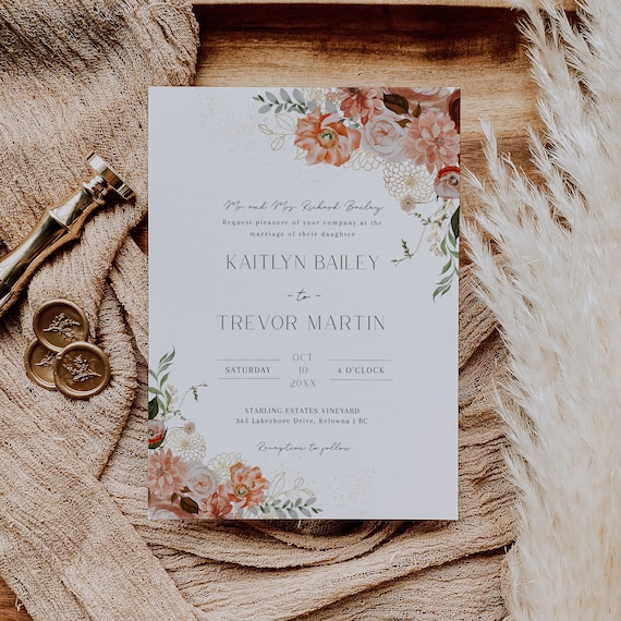 Fall Wedding Invitation Template, Terracotta Floral Wedding Invite, Printable Botanical Invite, Editable, Blush Pink, Autumn Wedding - EJ20