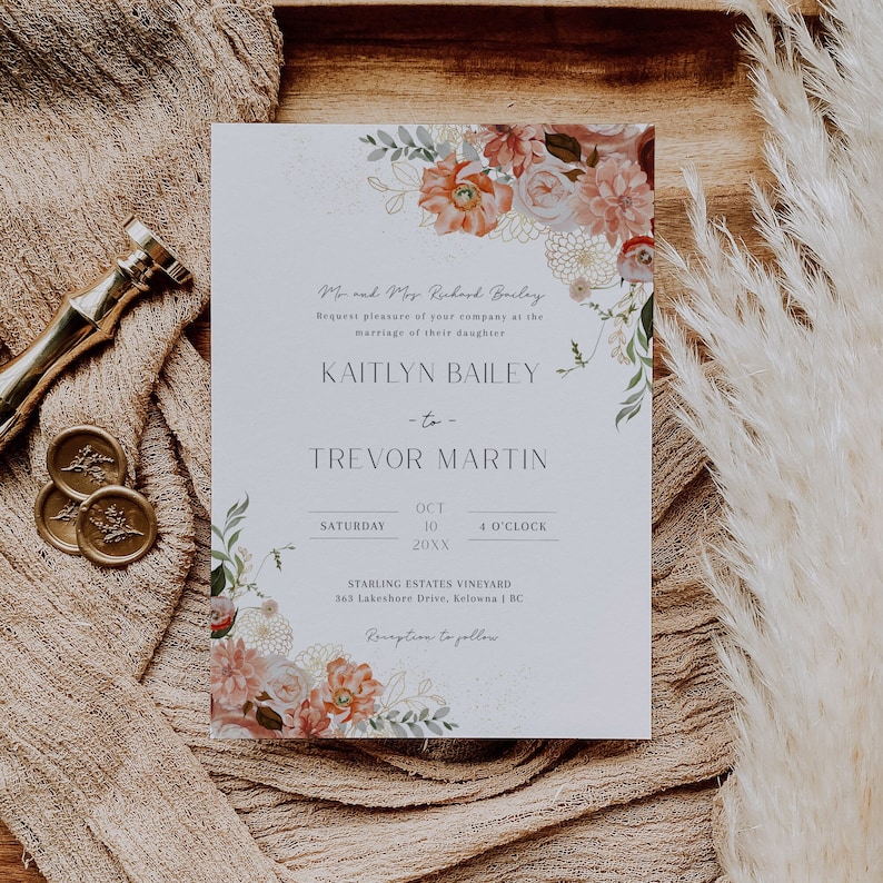 May include: A wedding invitation featuring a floral design in shades of pink, peach, and green. The invitation is for Kaitlyn Bailey and Trevor Martin, and it states the wedding will take place on 10 October 20XX at 4:00 PM at Starling Estates Vineyard in Kelowna, BC.