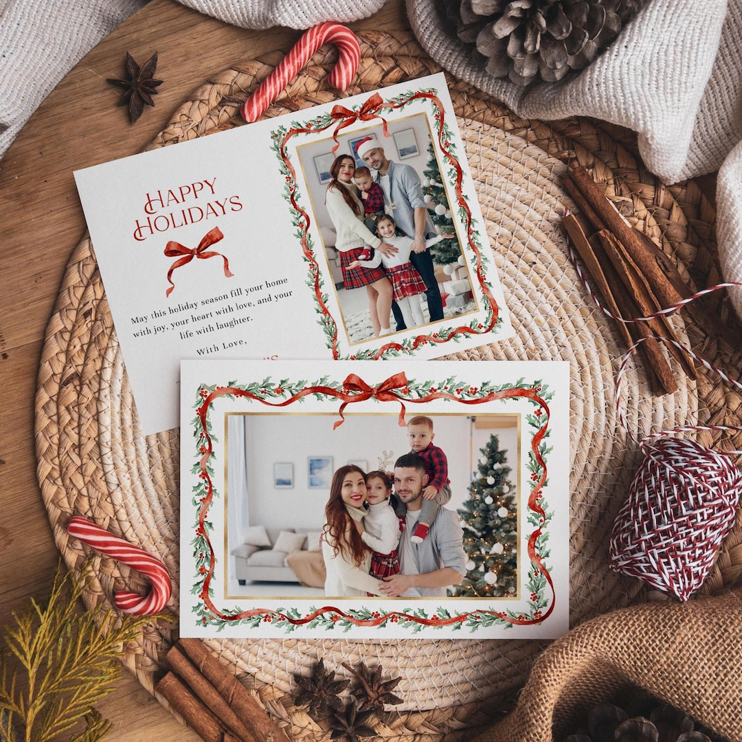 Christmas Bow and Garland Photo Card, Photo Christmas Card Template