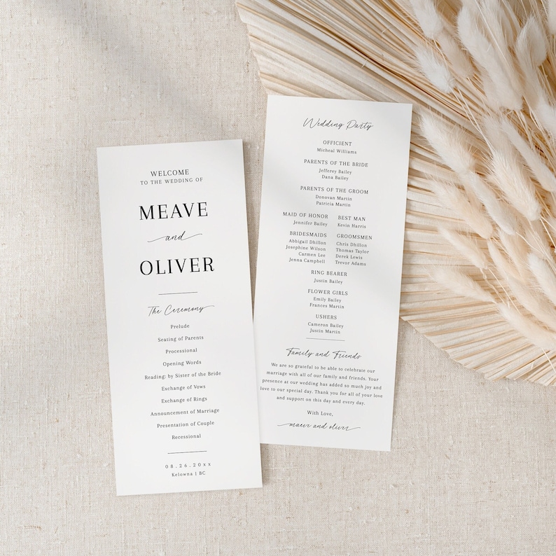 Minimalist Wedding Program Template, Modern Order Of Service, Ceremony Itinerary, Editable, Printable Program EJ02 image 1