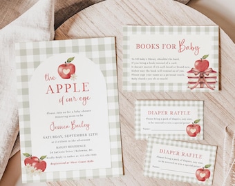 Gingham Apple of Our Eye Baby Shower Invitation, Apple Baby Shower Invitation Set, Gender Neutral Baby Shower, Fall Baby Shower - EJ54