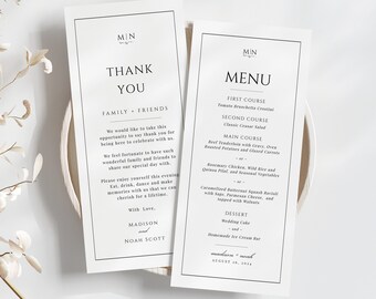 Classic Wedding Menu and Thank You Card, Thank You Napkin Note, Printable Dinner Menu, Monogram Wedding, Editable Template - EJ08