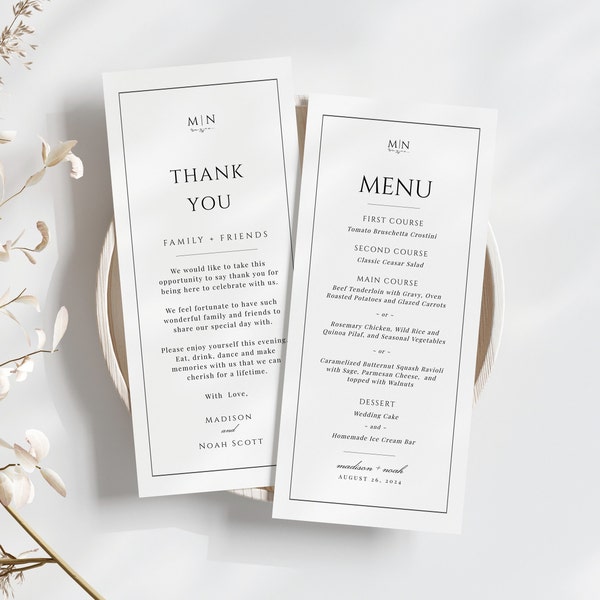 Classic Wedding Menu and Thank You Card, Thank You Napkin Note, Printable Dinner Menu, Monogram Wedding, Editable Template - EJ08