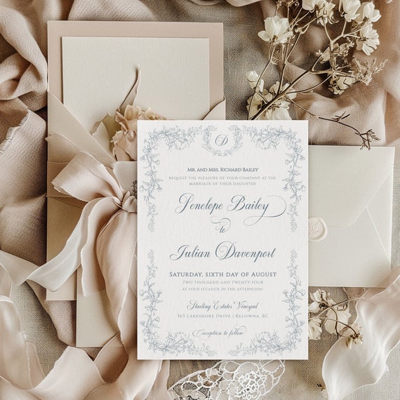 Chinoiserie Wedding Invitation, French Toile Formal Wedding Invite, Vintage Botanical Monogram Wedding Invite Template, Printable - EJ33A