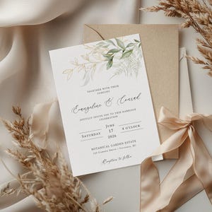 Greenery Wedding Invitation Template, Greenery Gold Wedding Invite, Printable Botanical Wedding Invitation, Editable Invitation - EJ01