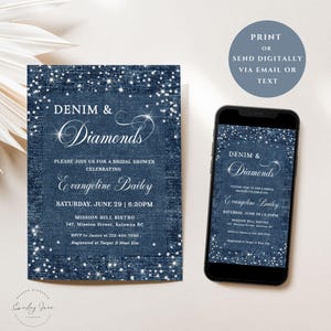 Denim and diamonds party invitation with a denim inspired background and diamond accents