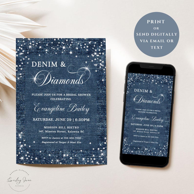 Denim and diamonds party invitation with a denim inspired background and diamond accents