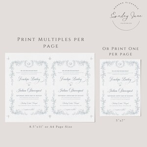 Op de afbeelding: Elegant trouwkaartontwerp met bloemenrand en scriptlettertype. De uitnodiging bevat de namen Penelope Bailey en Julian Davenport, met details over de trouwdatum en -locatie. Verkrijgbaar in A4- of 8,5"x11"- en 5"x7"-formaten.