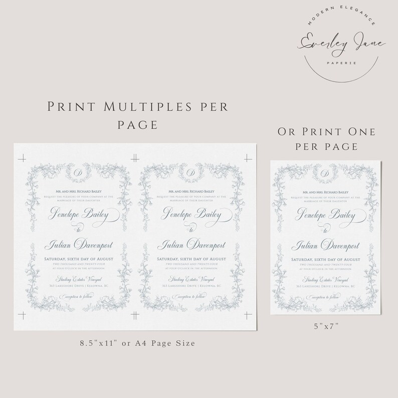 Op de afbeelding: Elegant trouwkaartontwerp met bloemenrand en scriptlettertype. De uitnodiging bevat de namen Penelope Bailey en Julian Davenport, met details over de trouwdatum en -locatie. Verkrijgbaar in A4- of 8,5"x11"- en 5"x7"-formaten.