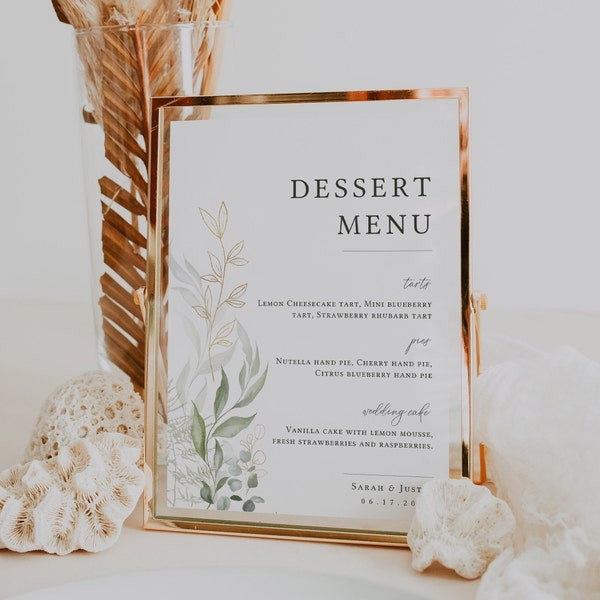 Greenery Wedding Dessert Menu Template, Wedding Dessert Sign, Printable Dessert Table Sign, Editable Template, Dessert Bar Sign - EJ01