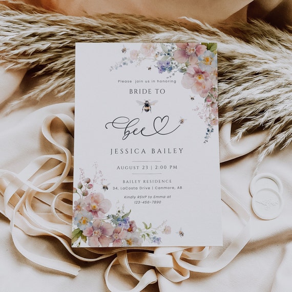 Bride To Bee Bridal Shower Invitation, Bee Bridal Shower Invite, Pink Floral Bridal Shower Invite, Printable, Editable Template - EJ16