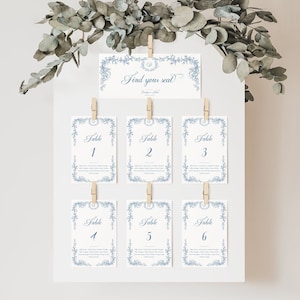 Tarjetas para asientos de boda en tonos azules, tarjetas para asientos de boda en tonos azules, tarjetas para asientos de mesa estilo chinoiserie, plantilla imprimible y editable - EJ33B