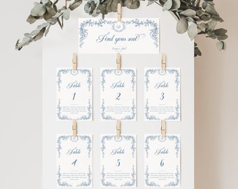 Cartões de Mapa de Mesas para Casamento em Azul, Mapa de Mesas para Casamento em Azul Toile, Cartões de Mesa em Estilo Chinoiserie, Modelo Editável e Imprimível - EJ33B