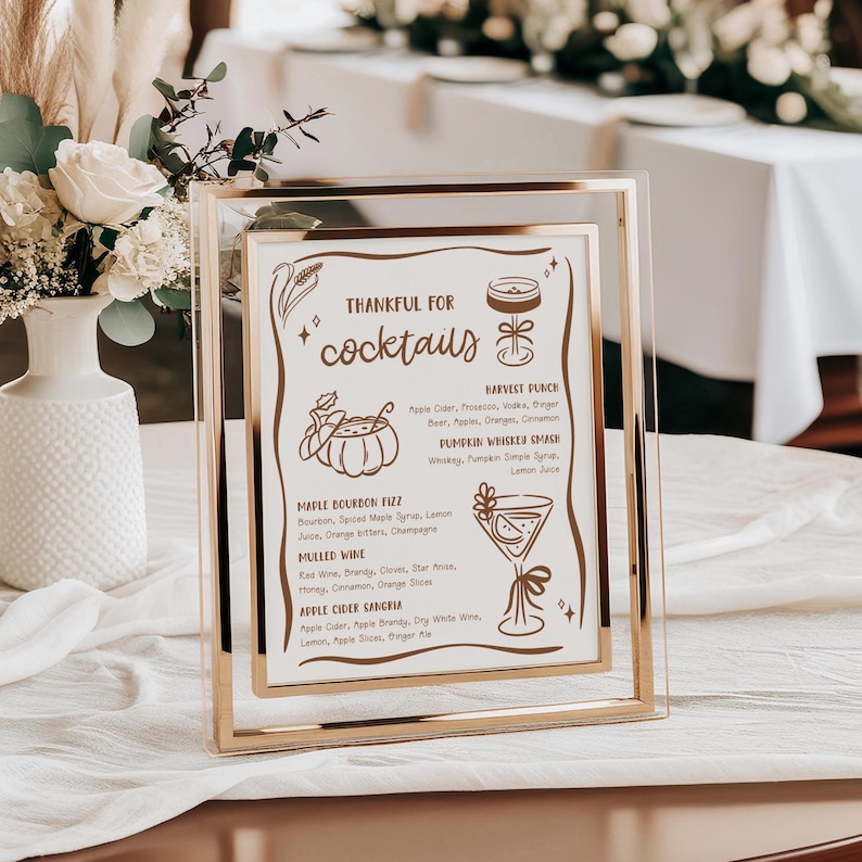 October Menu Sign Whimsical Hand Drawn Bar Sign, Thanksgiving Drinks Menu Sign Template ...