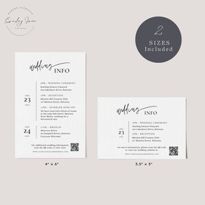 May include: Two wedding information cards with a white background and black text. The larger card is 4 inches by 6 inches and the smaller card is 3.5 inches by 5 inches. Both cards include the date, time, and location of the wedding ceremony, reception, and brunch. The cards also include a QR code for additional information.