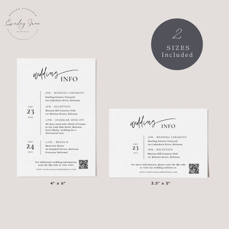 May include: Two wedding information cards with a white background and black text. The larger card is 4 inches by 6 inches and the smaller card is 3.5 inches by 5 inches. Both cards include the date, time, and location of the wedding ceremony, reception, and brunch. The cards also include a QR code for additional information.