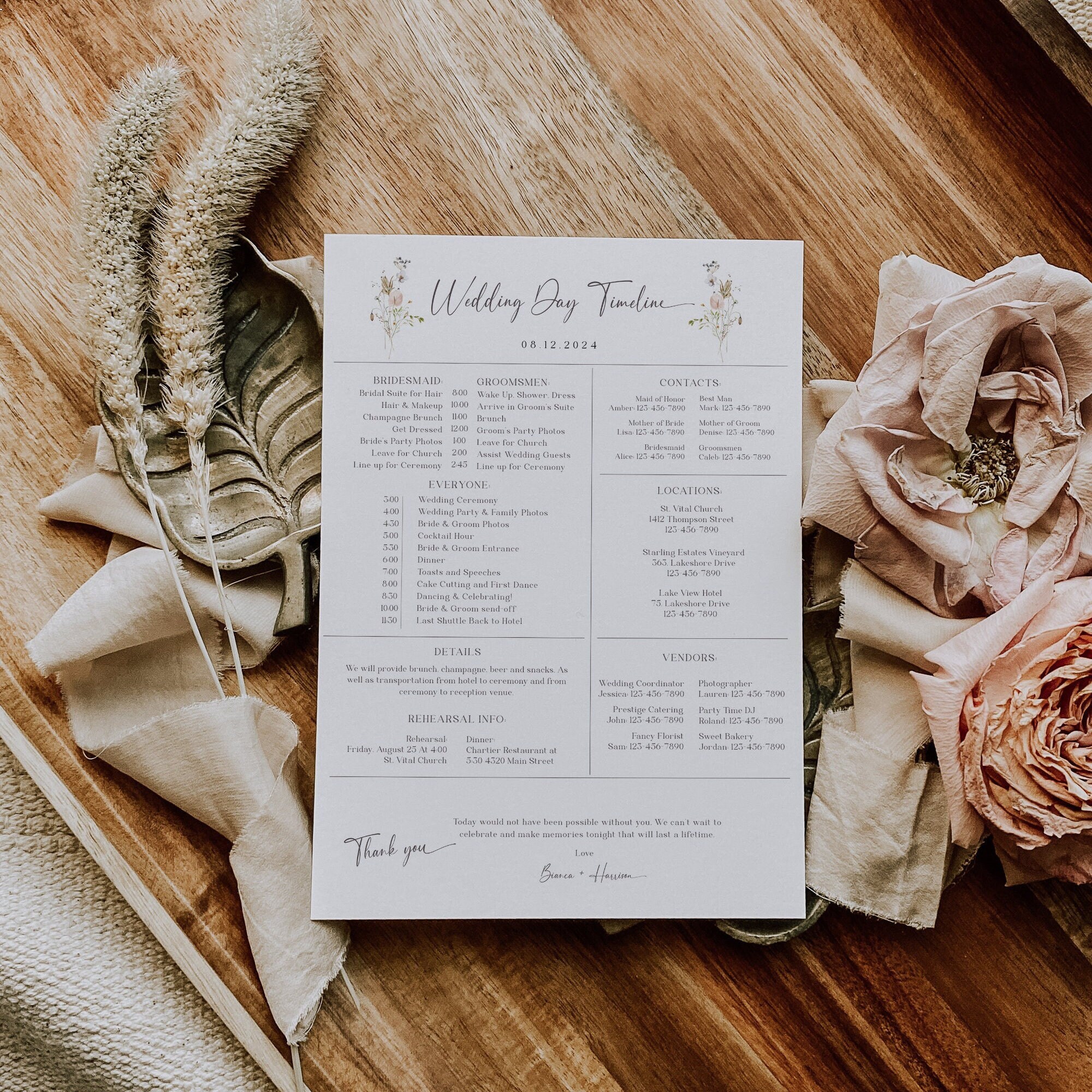 Wildflower Wedding Day Timeline, Printable Wedding Party Schedule, Bridal Party Timeline, Editable Template, Wedding Itinerary, Digital EJ10