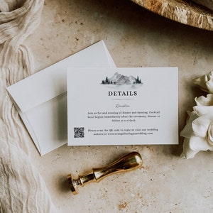 Modèle de carte de détails de mariage rustique, carte de détails de mariage en montagne, carte de détails avec code QR, carte de clôture de mariage, modifiable - EJ13