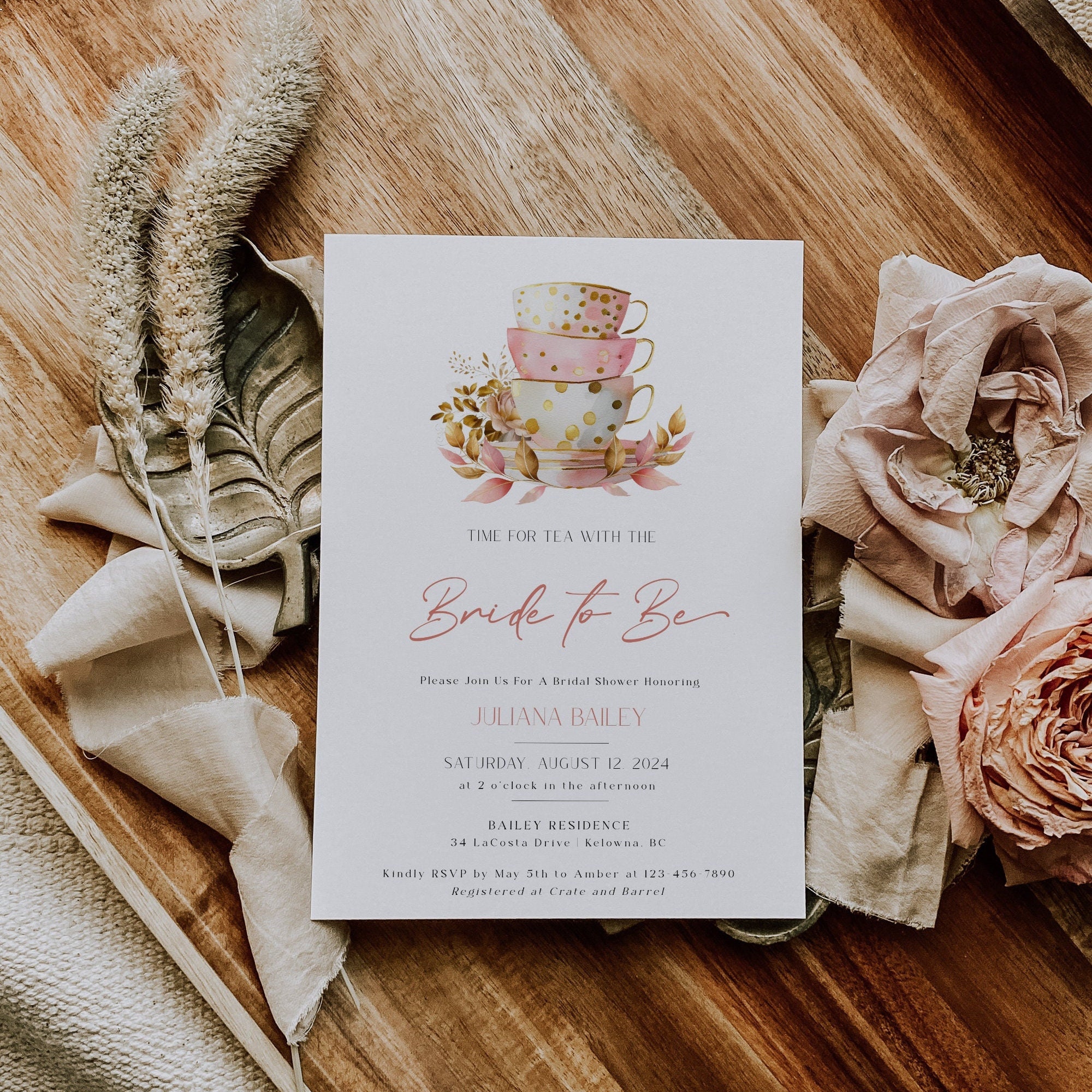 Roxx Designs - Rose Bridal Shower Invitation - Garden pink rose blush  bridal invite - Roxx Designs