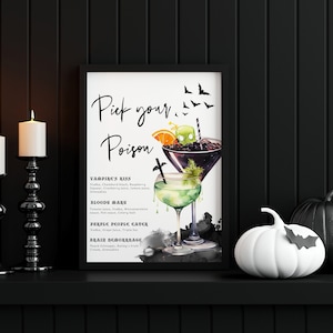 Modèle de menu Halloween Choisissez votre bar empoisonné, enseigne de boissons imprimable, menu de boissons d&#39;Halloween modifiable, enseigne de bar à cocktails d&#39;Halloween - EJ31