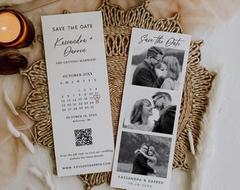 Plantilla de tira de fotos para anunciar la fecha de la boda, tarjeta de anuncio de fecha con código QR, anuncio de fecha para fotomatón, anuncio de fecha minimalista - EJ09