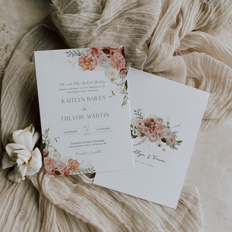 May include: Wedding invitation featuring a floral design. The invitation is for Kaitlyn Bailey and Trevor Martin, and the wedding will take place on 10 October 20XX at 4 o'clock at Starling Estates Vineyard in Kelowna, BC.
