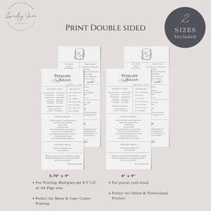 May include: Two printable wedding invitation templates with a black and white design. The text includes the names Penelope and Julian, the wedding date, and a wedding party list. The templates are available in two sizes: 3.75 inches by 9 inches and 4 inches by 9 inches.