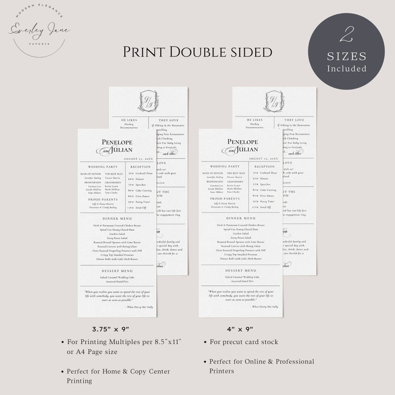 May include: Two printable wedding invitation templates with a black and white design. The text includes the names Penelope and Julian, the wedding date, and a wedding party list. The templates are available in two sizes: 3.75 inches by 9 inches and 4 inches by 9 inches.