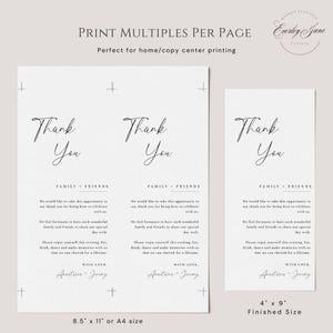 May include: White thank you cards with elegant calligraphy. The cards are available in two sizes: 8.5" x 11" or A4, and 4" x 9". The text includes "Thank You", "Family + Friends", and a personalized message. Perfect for home or copy center printing.