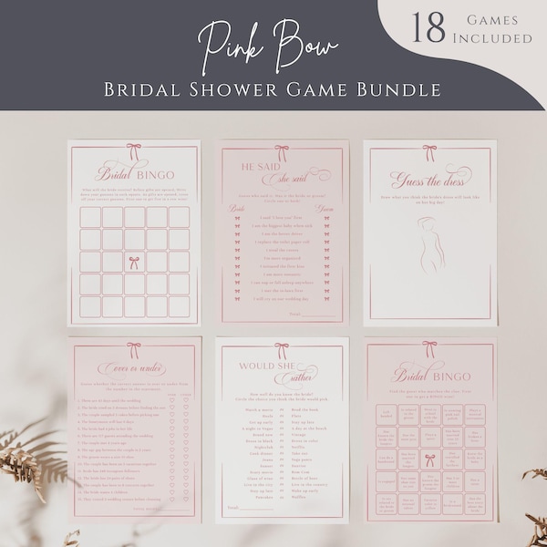 Bridal Shower Games Bundle, She's Tying the Knot Bridal Shower Games, Pink Bow Wedding Shower Game Bundle, Printable Games - EJ37
