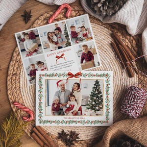 Fotokaart kerststrik en slinger, foto kerstkaartsjabloon horizontaal, kerstkaartsjabloon met meerdere foto's, rode strik feestdag - EJ25