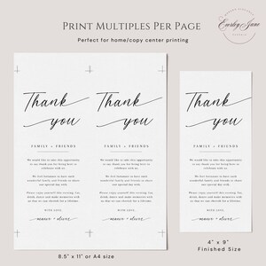 Pode incluir: Cart&otilde;es de agradecimento brancos com as palavras "Thank you" em uma fonte elegante. Os cart&otilde;es incluem texto sobre fam&iacute;lia e amigos e est&atilde;o dispon&iacute;veis nos tamanhos A4 (21 cm x 29,7 cm) e no tamanho final de 10,2 cm x 22,9 cm.