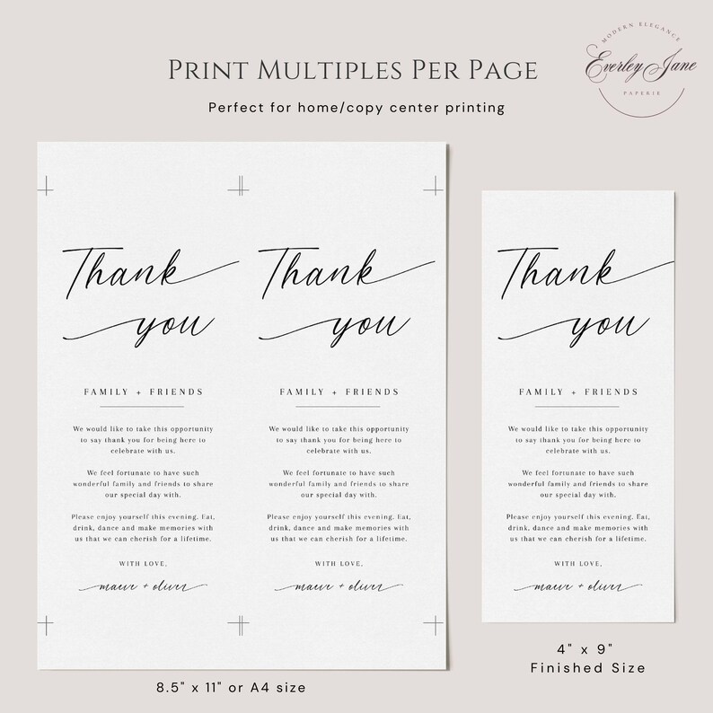Pode incluir: Cart&otilde;es de agradecimento brancos com as palavras "Thank you" em uma fonte elegante. Os cart&otilde;es incluem texto sobre fam&iacute;lia e amigos e est&atilde;o dispon&iacute;veis nos tamanhos A4 (21 cm x 29,7 cm) e no tamanho final de 10,2 cm x 22,9 cm.