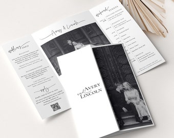 Gatefold Wedding Invitation Template with QR Code, Minimalist Wedding Invite, Photo Wedding Invite, Printable, Folded Wedding Invite - EJ21