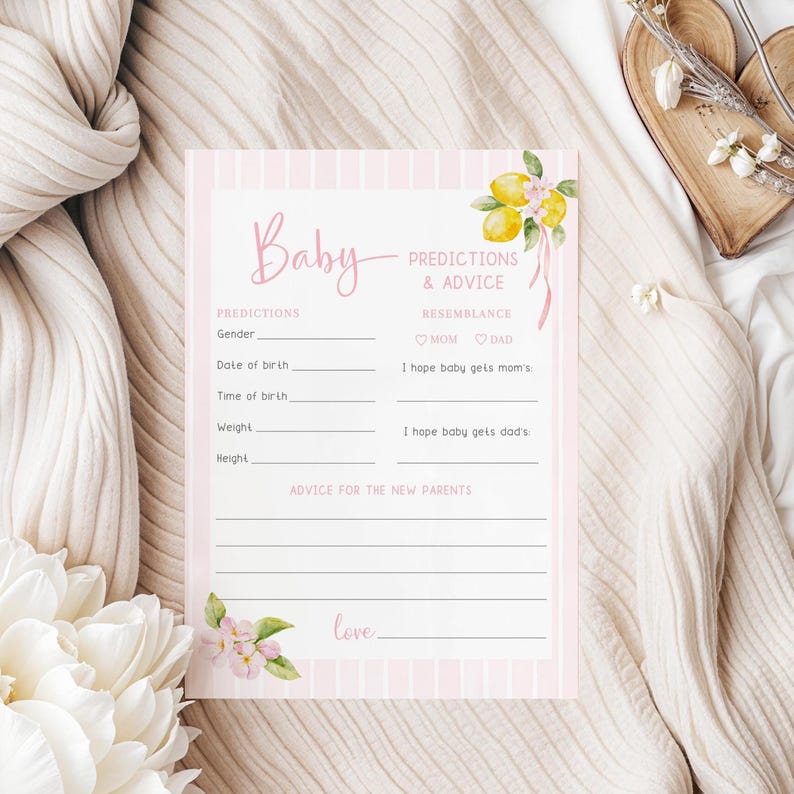 Baby Predictions and Advice Card Template, Pink Lemon Baby Shower, Ciao ...